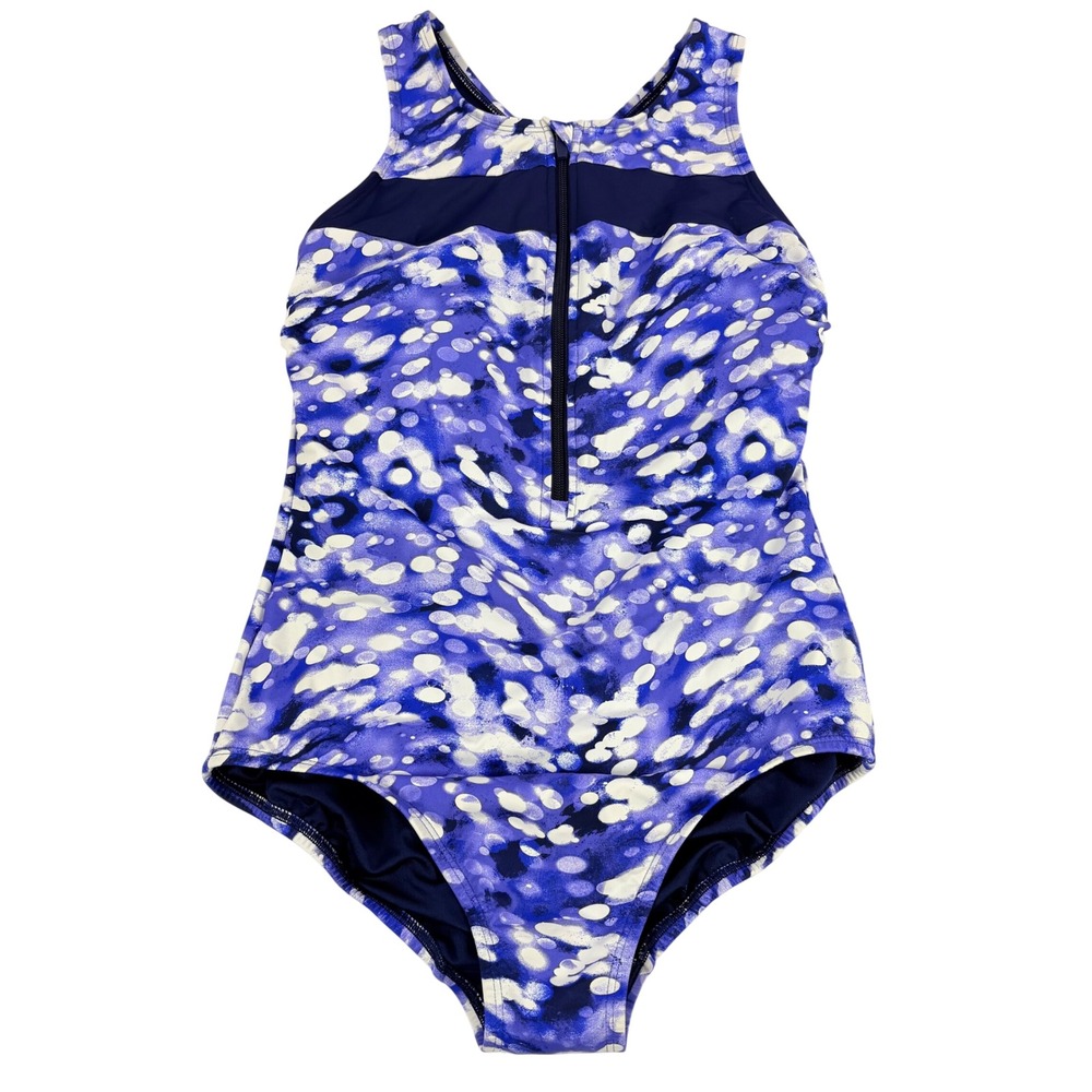 Lands' End One Piece Swimsuit Women S Blue Athletic Zip Front Cross Back